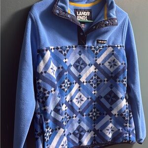 Lands' End Blue Multicolor Geometric Fleece Snap Pullover 0199